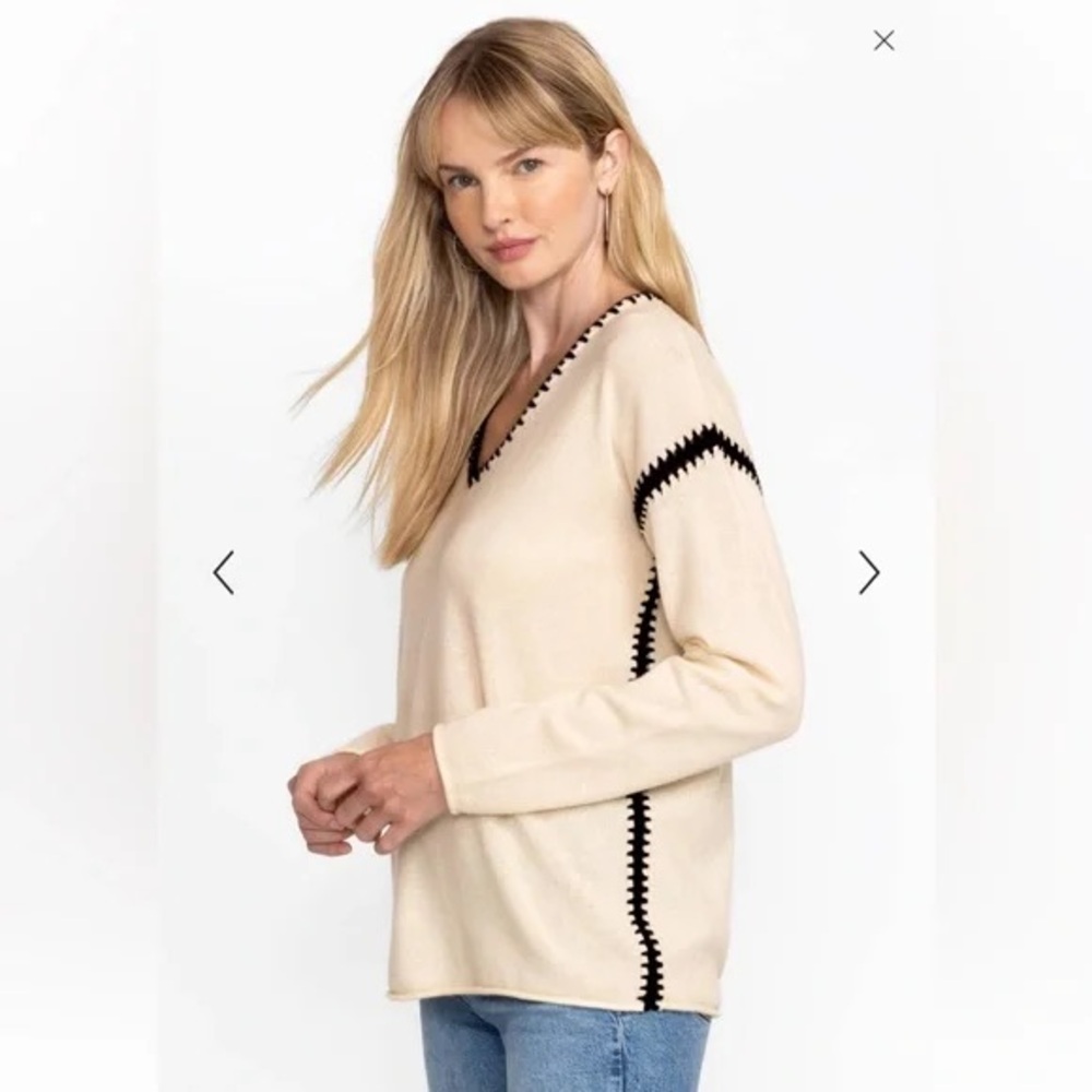 Johnny Was Cream V-Neck Sweater with Black Trim - Picture 2 of 6